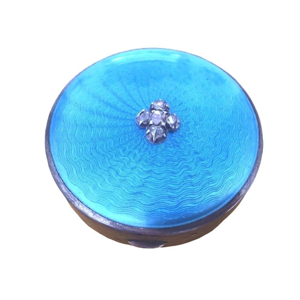 Fabergé Russian Blue Guilloché Antique Pill Jewelry Box Rose Cut Diamonds Silver